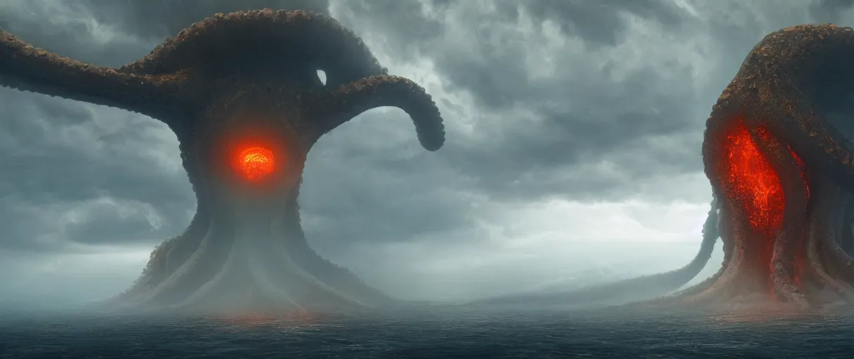 Image similar to a giant octopus god floating over a rain forest, lightning and sun rays, ambient light, a volcano erupts, still from the movie the arrival, 8k