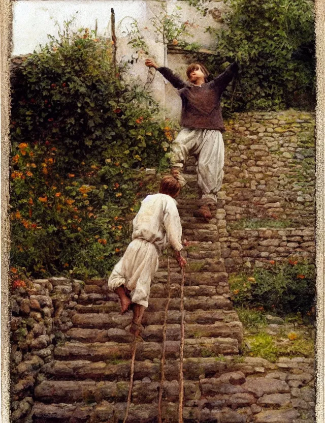Prompt: peasant boy climbing stairs to the roof of a country house, cottage core, cinematic focus, polaroid photo bleached vintage pastel colors high - key lighting, soft lights, foggy, by steve hanks, by lisa yuskavage, by serov valentin, by tarkovsky, detailed, oil on canvas