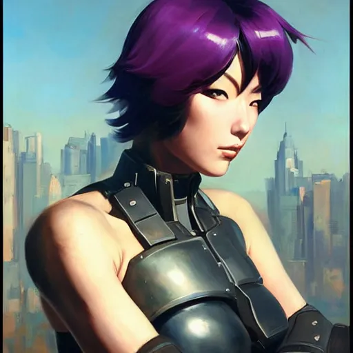 Image similar to greg manchess portrait painting of partially armored motoko kusanagi as overwatch character, medium shot, asymmetrical, profile picture, organic painting, sunny day, matte painting, bold shapes, hard edges, street art, trending on artstation, by huang guangjian, gil elvgren, ruan jia, greg rutkowski, gaston bussiere