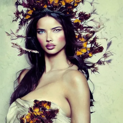 Image similar to fine art photo of the beauty goddess adriana lima, she has a crown of dried flowers, by oleg oprisco