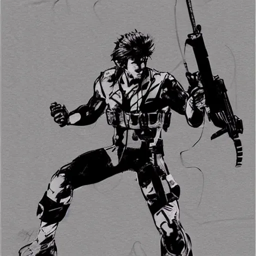 Image similar to solid snake fighting!!!!!! sam!!!!!! fisher!!!!!! by yoji shinkawa, concept art