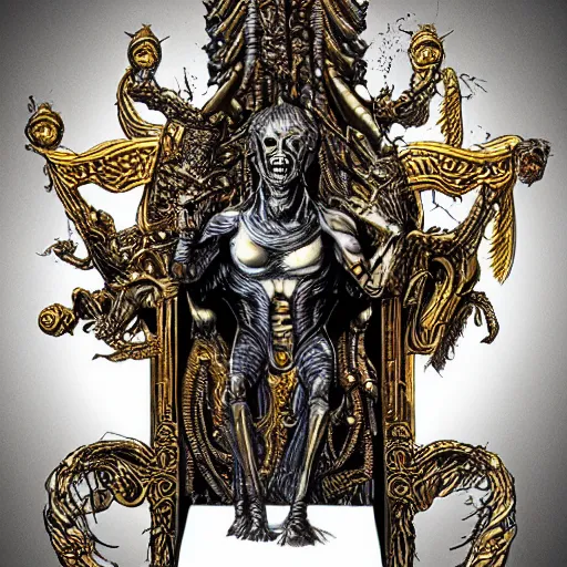 Image similar to illustration. the god emperor on his golden throne. 4 0 k. body horror. in the style of giger.