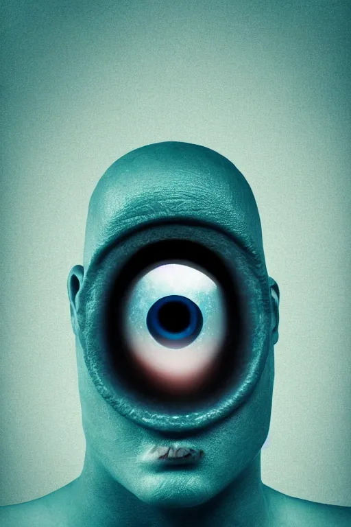 Prompt: Portrait photo of an unbrushed cyclops without nose and with one giant eye, high quality photo, 85mm, focused fantasy, colorful, digital art