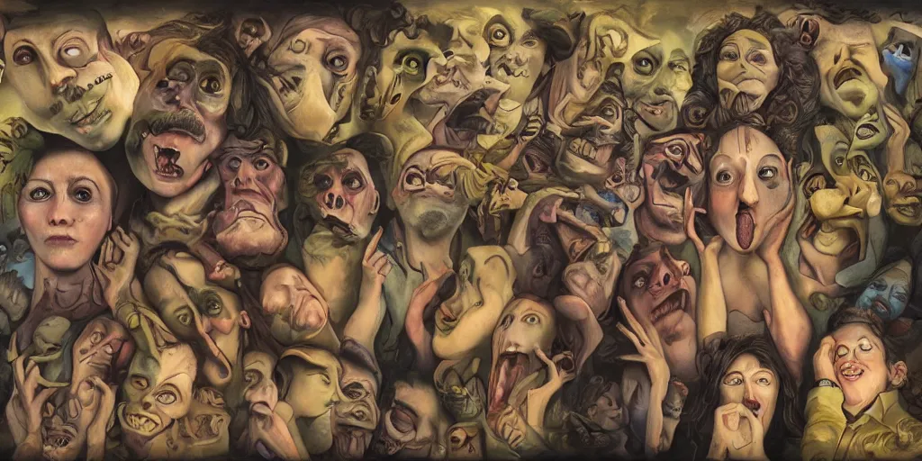 Image similar to delusionville, surrealism aesthetic, detailed facial expressions