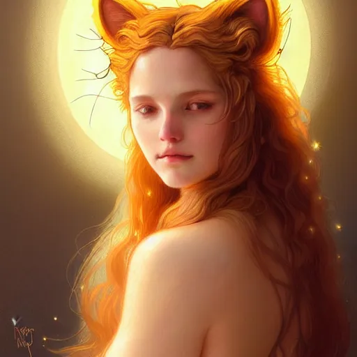 Image similar to Portrait of a girl angel with pale orange colored frizzy strands of illuminated hair, cat ears on her head, glowing halo, Lion's Mane, fantasy, intricate, elegant, highly detailed, digital painting, artstation, concept art, smooth, sharp focus, illustration, art by Krenz Cushart and Artem Demura and alphonse mucha