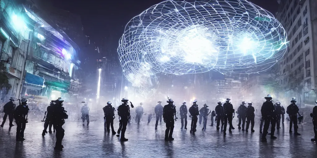 Image similar to policemen protecting a huge spiral - shaped bright white luminous attractor right in the center of the city from protesting people,, rain and light fog, professional lighting, concept art in 3 d, high detail, professional lighting, unreal engine