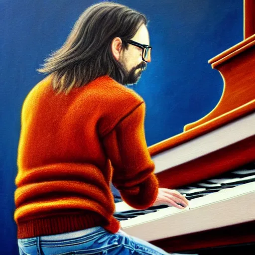 Image similar to An Oil Painting of the back view of Rivers Cuomo in a sweater with long hair and a mustache masterfully playing the piano, hyperrealistic, extremely realistic, highly realistic, HD Quality, 4k resolution, 8k resolution, Detailed, Very Detailed, Highly Detailed, Extremely Detailed, Intricate Details, Real, Very Real, Oil Painting, Digital Painting, Painting, Trending on Deviantart, Trending on Artstation