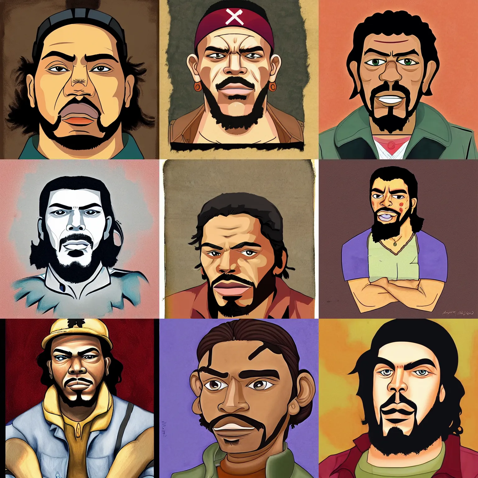 Prompt: Portrait of che guavera, painted by Aaron McGruder