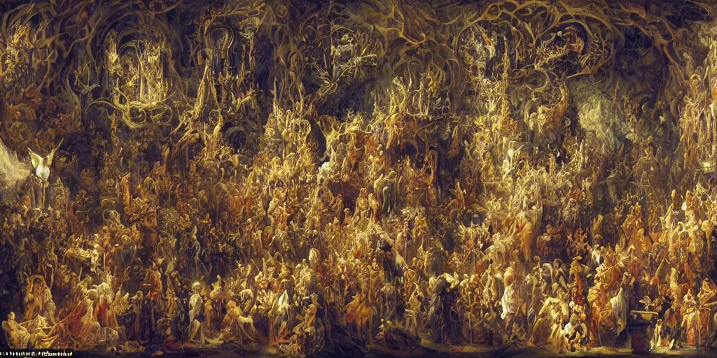 Image similar to the cat god reborn under the holy light high up in a Gaudí style church surrounded by his subjects and armies, in style of Jean-Honore Fragonard, surrealist