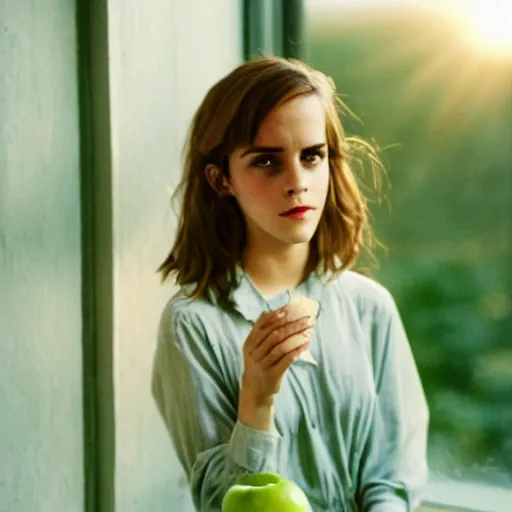 Image similar to Photograph of Emma Watson holding a green apple by the window. Golden hour, dramatic lighting. Medium shot. CineStill