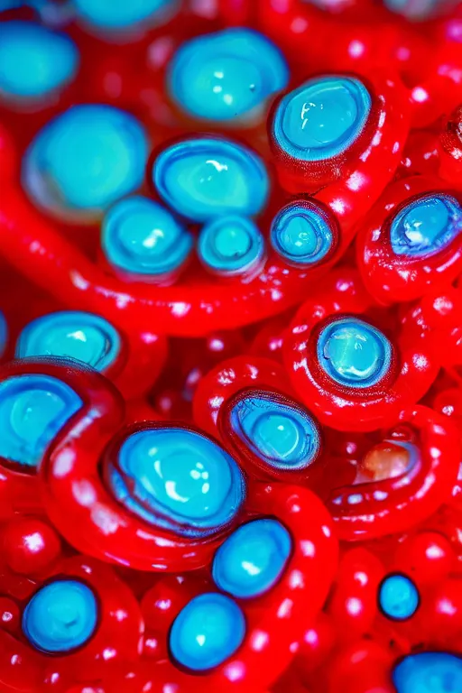 Image similar to high quality close-up photo translucent gelatinous worms! gorgeous red dots highly detailed hannah yata elson peter cinematic turquoise lighting high quality low angle hd 8k sharp shallow depth of field