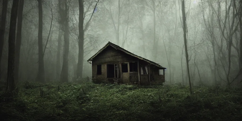 Image similar to an abandoned and decrepit wooden house in a lush forest, architectural photography, dark and dim lighting, beautiful, tranquil, moody, cinematic, fantasy, 3 5 mm lens, volumetric lighting, first person view, photographic render, hyper realistic