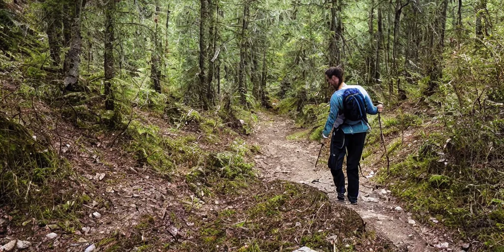 Image similar to a guy hiking up a steep hill with vodka and a cigarette in his hands, photo taken in a forest, guy looks extremely exhausted