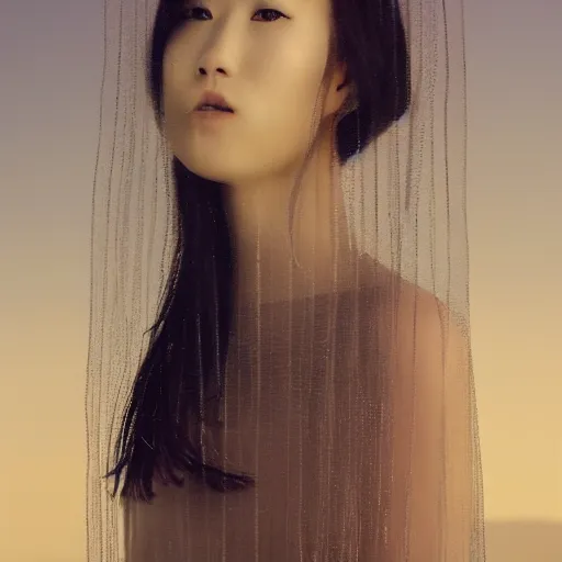 Image similar to a instax photo of fuji mountain, a tall japanese girl in a transparent sheer fabric dress against the background of fuji mountain, severe snow, full body shot, perfect symmetrical body, perfect symmetrical face, coherent symmetrical eyes, by peter kemp, by monia merlo, hyperrealistic, hyperdetailed, octane render, 8 k