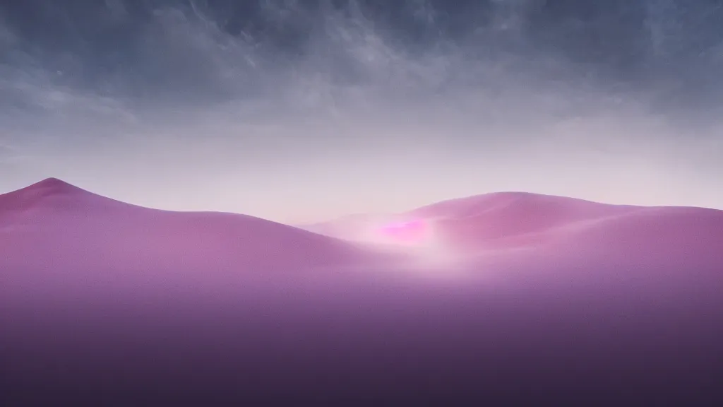 Prompt: soft glow pink desert with snow mountains and cloudy skies, purple fog, long exposure, detailed, hyper realistic, photorealism, landscape, ultra wide angle view, peaceful, cinematic, volumetric lighting, god ray through clouds