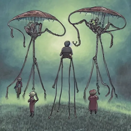 Image similar to war of the worlds, in the style of ghibli and mark ryden