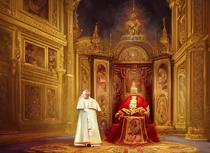 Prompt: worship of the pope, royal robe, gold trim, light effect, hyper detailed, intricate, atmospheric, elegant, photorealistic by paul lehr, marco mazzoni, featured on cgsociety, rococo, whimsical, artstation