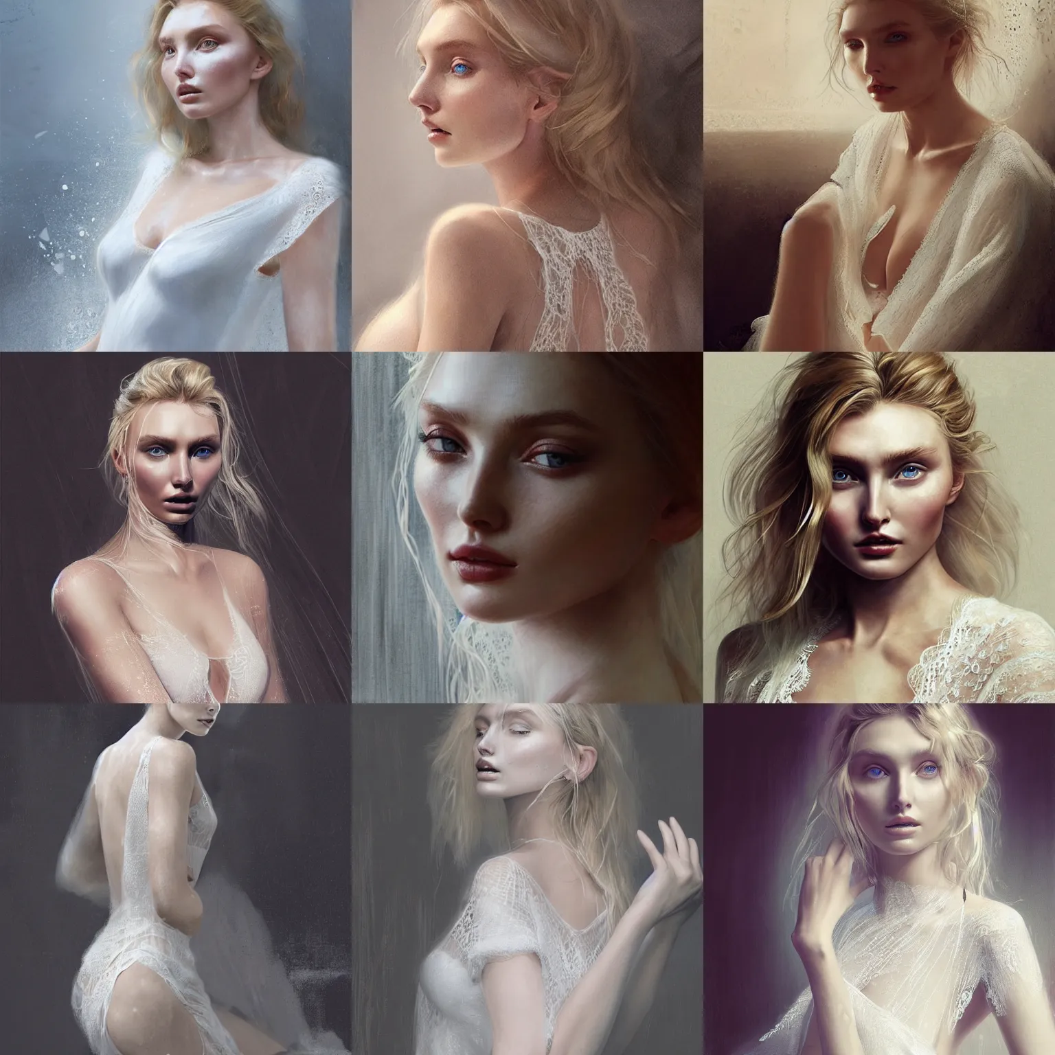 Prompt: Portrait Elsa Hosk wearing a wet white lace nightgown, intricate, highly detailed, smooth, close-up, artstation, digital illustration by Ruan Jia
