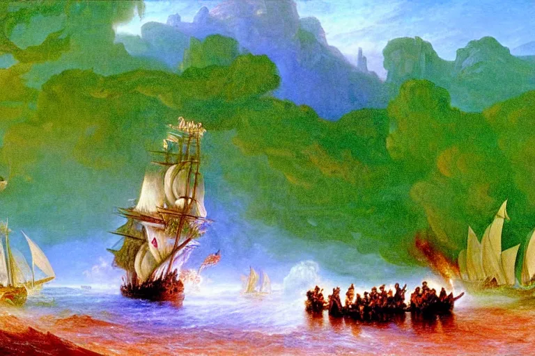 Image similar to mermaids and sirens raid an enourmous pirate ship and attack everyone onboard, sinking the ship which is on fire, masterpiece veduta painting by bob ross and albert bierstadt and william turner, oil painting