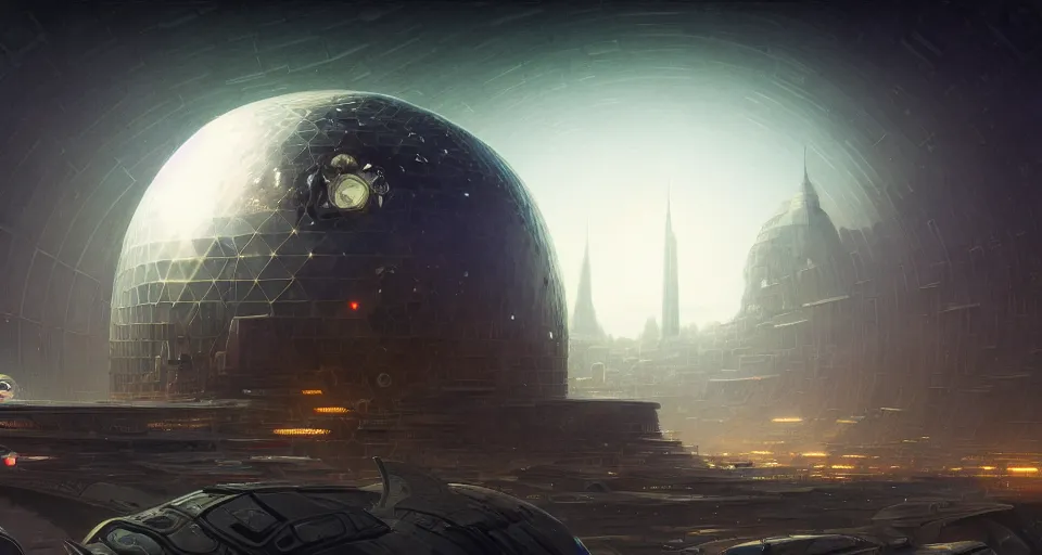 Image similar to cinematic shot, futuristic city on the moon inside a giant geodesic dome, utopian, night, stars, digital painting, artstation, concept art, smooth, sharp focus, illustration, intricate, elegant, highly detailed, in the style of greg rutkowski and alphonse mucha and artemisia, 8 k, highly detailed, jurgens, rutkowski