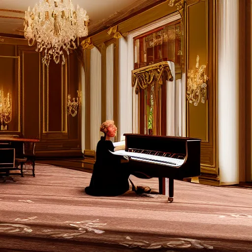 Image similar to interior of a beautiful an mid century british mansion hall, fully furnished, soft lighting, close up of an elegant victorian lady playing a grand piano at the hall. ultra realistic, ultra detailed, cinematic composition and lighting