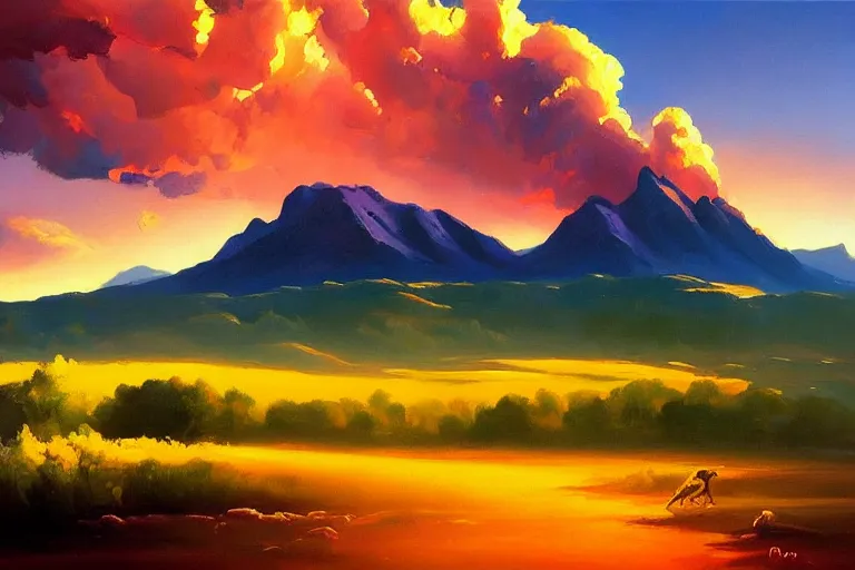 Prompt: a beautiful oil painting abstract nature landscape with clouds, mountains, in background, sunset, by rhads