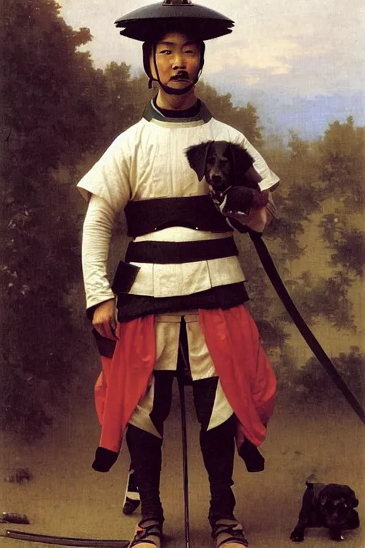 Image similar to portrait of a dog samurai, wearing samurai armor and helmet, majestic, solemn, by bouguereau