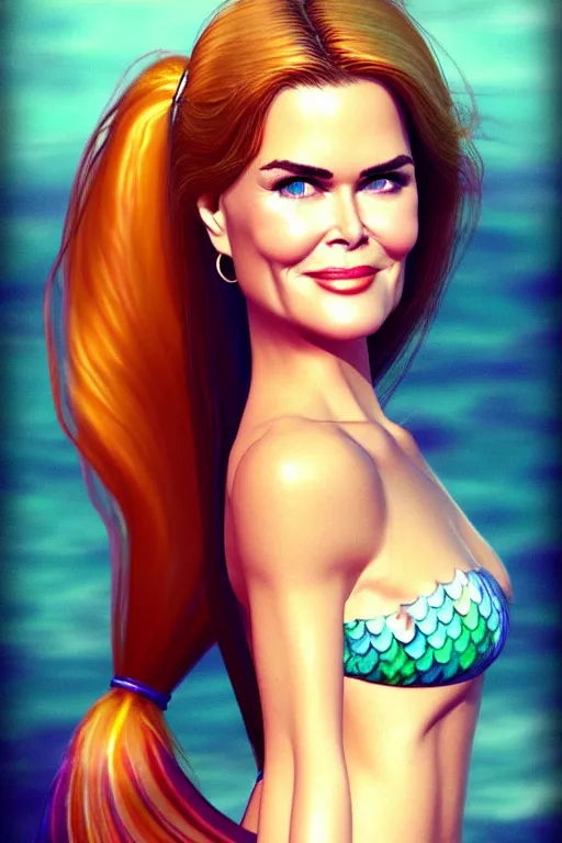 Image similar to mix of beautiful young maria shriver, mariel hemmingway, brooke shields, nicole kidman and elle macpherson as a mermaid, thin lips, hair tied up in a pony tail, dark hair, colorful, artstation, cgsociety