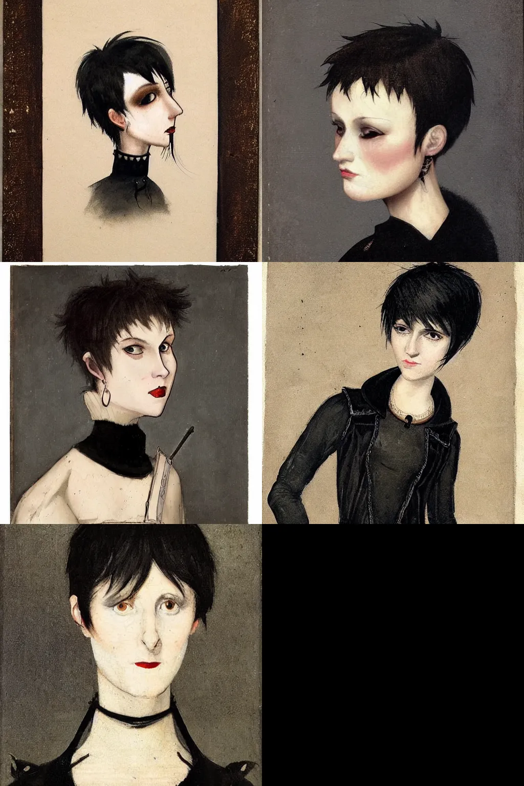 Prompt: goth painted by hendrick avercamp. high - quality character portrait. short dark brown messy pixie haircut, large black eyes, slightly rounded face, pointed chin, small nose, black tank top, black leather jacket, black knee - length skirt, black choker.