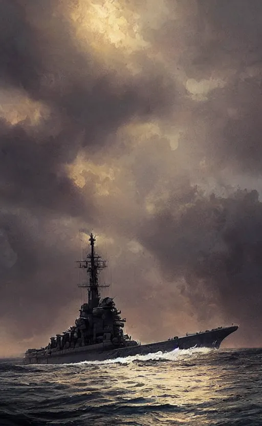 Prompt: Portrait of a WWI dreadnought battleship at sea, 20th century, highly detailed, cinematic lighting, digital art painting by greg rutkowski