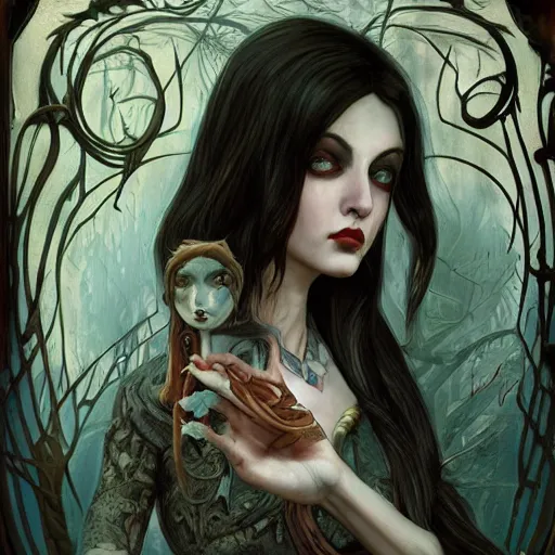 Image similar to realistic artnouveau style american mcgee's alice mysterious portrait madness returns layers of fear style in a foggy twisted forestsharp focus very detailed 8 k cinematic