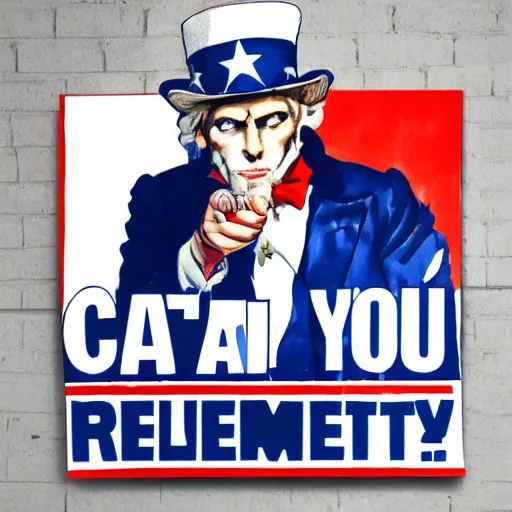 Prompt: cat in red white & blue suit in miliatry recruitment poster we want you