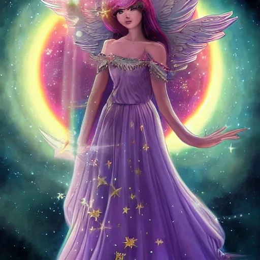 Prompt: beautiful, pretty, celestial, moon princess, angelic, flying amongst the stars, fantasy, deviant art, high quality, colorful, highly detailed, high quality