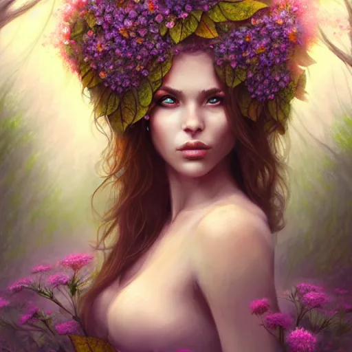 Image similar to upper body of a beautiful woman clothed in flowers and leaves standing in an enchanted forest, high fantasy, elegant, epic, detailed, intricate, digital painting, concept art, realistic detailed face, smooth, focus, rim light