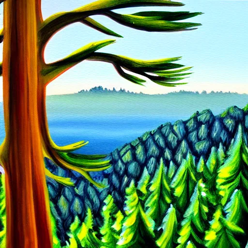 Image similar to painting of view from the top of tree of redwood forest, swaying trees, windy, waves, rippling trees