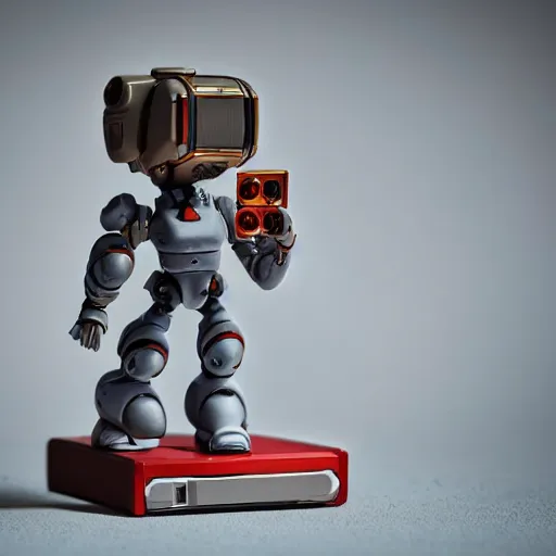 Prompt: humanoid mech figurine diorama helmet portrait. shallow depth of field. suit of armor. metroid varia samus in the style of a 1 9 8 0 s grey aged cassette tape player, a gameboy dmg - 0 1 classic, as well as the handyboy, konami hyperboy, saitek boosterboy accessories. cyberdeck.