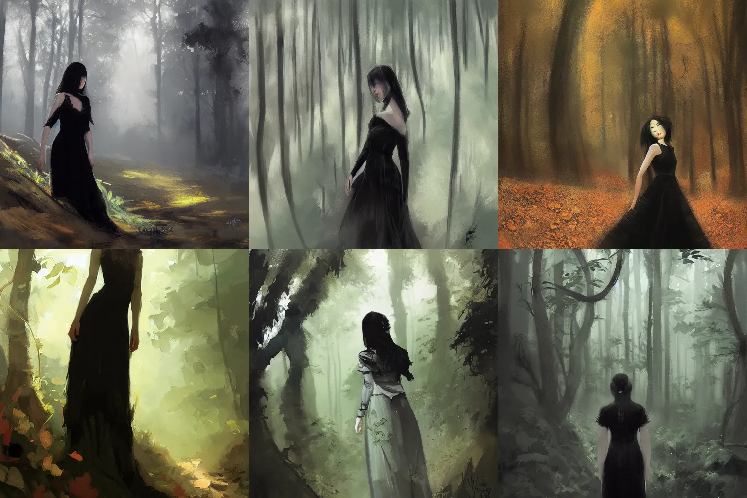 Prompt: woman wearing a black dress in a forest, by wenjun lin