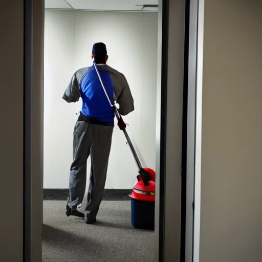 Prompt: A man going into his private office in the morning to find a janitor lying on his desk sound asleep