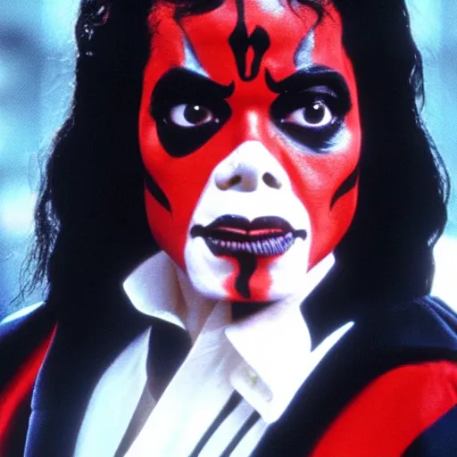Prompt: a film still of michael jackson starring in a blockbuster film as darth maul from star wars, shallow depth of field, cinematic, award winning cgi, vfx, film still