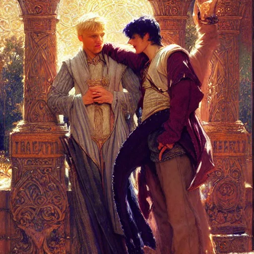 Image similar to attractive arthur pendragon with attractive male merlin the mage. they are in love. highly detailed painting by gaston bussiere, craig mullins, j. c. leyendecker