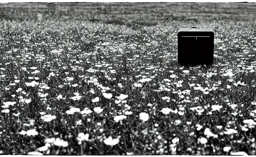 Image similar to black box on the field flowers, by Helmut Newton, mist, lomography photo effect, monochrome, 35 mm