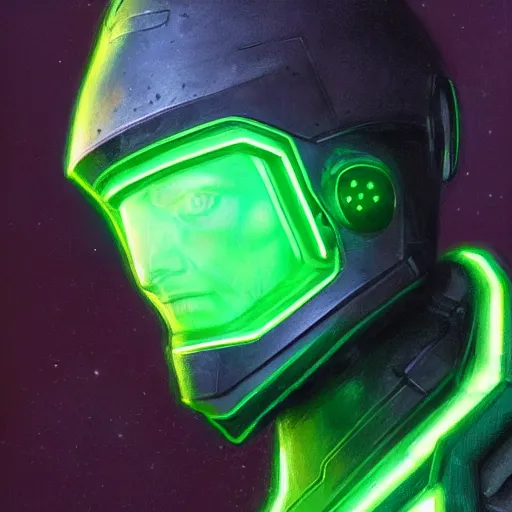 Image similar to robot with glowing green visor as a realistic scifi cyberpunk knight, closeup portrait art by donato giancola and greg rutkowski, realistic face, digital art, trending on artstation, symmetry!!!