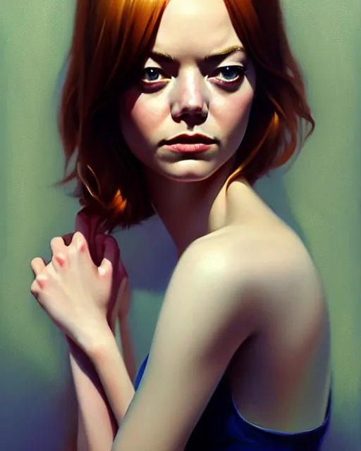 Prompt: an artistic pose, composition, emma stone, realistic shaded, fine details, realistic shaded lighting poster by ilya kuvshinov, magali villeneuve, artgerm, jeremy lipkin and michael garmash and rob rey