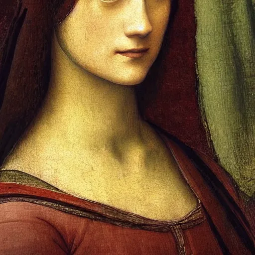 Prompt: a close up of a painting of a woman, a photorealistic painting by Leonardo da Vinci, trending on deviantart, pre-raphaelitism, da vinci, fine art, picasso