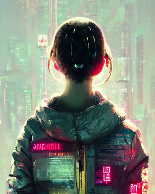 Image similar to detailed portrait Anne Hathaway Neon Operator Girl, cyberpunk futuristic neon, reflective puffy coat, decorated with traditional Japanese ornaments by Ismail inceoglu dragan bibin hans thoma greg rutkowski Alexandros Pyromallis Nekro Rene Maritte Illustrated, Perfect face, fine details, realistic shaded, fine-face, pretty face