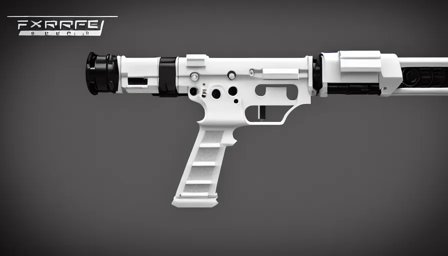 Image similar to extremely detailed ultra realistic side view photo sci fi minimalist coilgun rifle, detailed trigger, chemically propelled, electric, smooth streamline, elegant sleek smooth body, white paint, wires, railgun, chemrail, gauss, smooth utopian design, ultra high quality, octane, cod, destiny, warframe, terminator