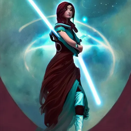 Prompt: a beautiful tarot card of sona with teal colored hair with deep red highlights as a jedi, female, league of legends, space fantasy, in the style of magic the gathering, intricate, elegant, highly detailed, digital painting, artstation, concept art, matte, sharp focus, illustration, art by greg rutkowski and alphonse mucha