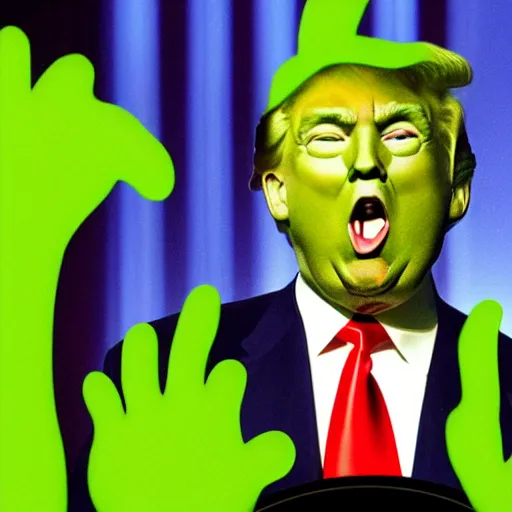 Image similar to donald trump making a speech while being slimed on nickelodeon kids choice awards, green slime, photography, cinematic shot,