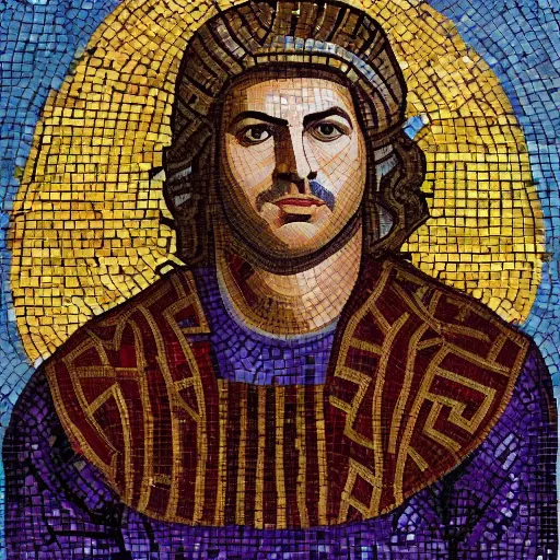Prompt: head and shoulders portrait of benjamin netanyahu, as king of israel, wearing purple smooth clothes and a golden crown over his head, as a byzantine mosaic, very detailed, very realistic, elegant, top art, renowed artwork