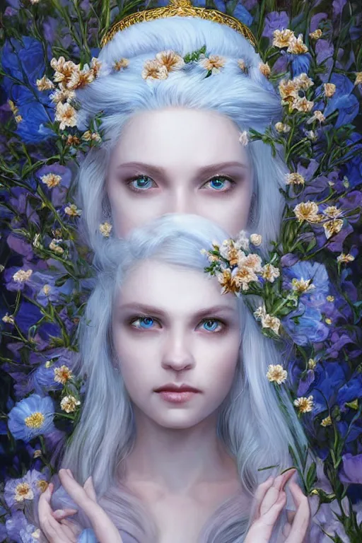 Image similar to a pale girl with white hair wears floral crown, sad blue eyes, cinematic lighting, ultra detailed, highly detailed, sharp focus, golden background with flowers, golden jewellery with blue sapphires, photographic, art by artgerm and greg rutkowski and zdislav beksinski